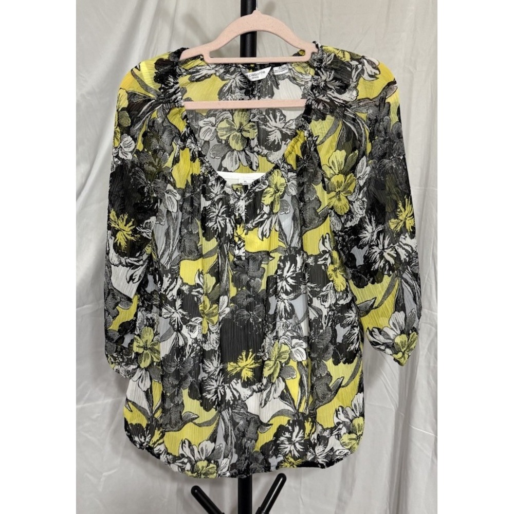 Liz Claiborne Sheer Top Size‎ Large Petite Black Yellow Floral